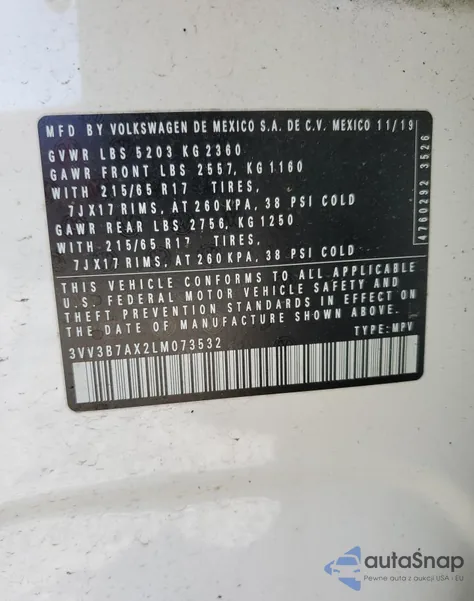 2020 Volkswagen Tiguan Se z USA, uszkodzony, nr VIN 3VV3B7AX2LM073532